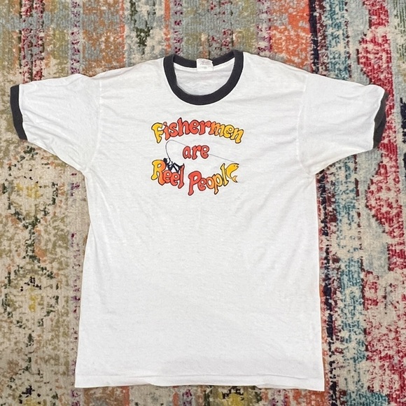 Vintage 1980s Fisherman Are Reel People Ringer 80s Crewneck Tee Top Shirt - Picture 1 of 4